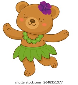 Adorable cartoon bear dancing hula in a green grass skirt with a purple flower and necklace. A cheerful tropical design perfect for kids’ products, summer decor, or island-themed graphics.
