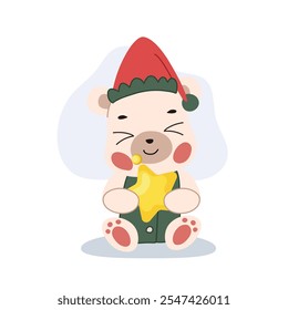 Adorable cartoon bear dressed in a cozy Christmas themed winter outfit