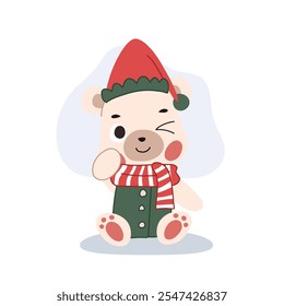 Adorable cartoon bear dressed in a cozy Christmas themed winter outfit