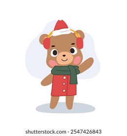 Adorable cartoon bear dressed in a cozy Christmas themed winter outfit