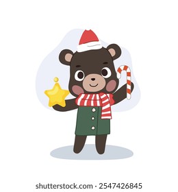 Adorable cartoon bear dressed in a cozy Christmas themed winter outfit