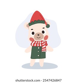 Adorable cartoon bear dressed in a cozy Christmas themed winter outfit