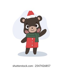 Adorable cartoon bear dressed in a cozy Christmas themed winter outfit