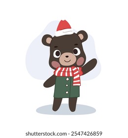 Adorable cartoon bear dressed in a cozy Christmas themed winter outfit