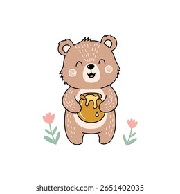 Adorable cartoon bear enjoying honey from a jar, surrounded by lovely flowers. Perfect for children's decorations or delightful illustrations.