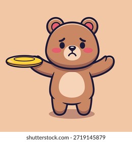 Adorable cartoon bear with a friendly expression holding a bright yellow frisbee, perfect for kids' illustrations and playful themes.