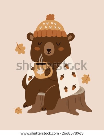  Adorable cartoon bear in a hat and blanket, sitting on a stump with a warm drink. Perfect for cozy autumn designs, kids' prints, seasonal cards, or woodland-themed projects.