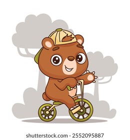 Un adorable oso de dibujos animados se está divirtiendo mucho montando una Pequeña bici mientras teje alegremente a través de los árboles