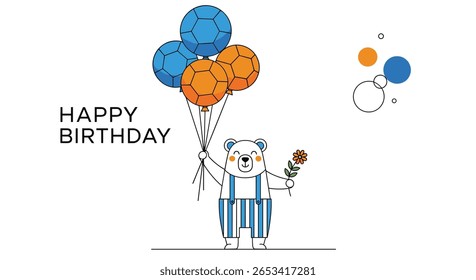 Adorable cartoon bear holding a bouquet of flowers and balloons wishing you a very happy birthday celebration
