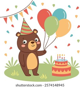 Adorable cartoon bear holding colorful balloons at a fun birthday party celebration.