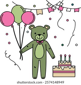 Adorable cartoon bear holding colorful balloons at a fun birthday party celebration.