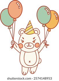 Adorable cartoon bear holding colorful balloons at a fun birthday party celebration.