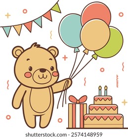 Adorable cartoon bear holding colorful balloons at a fun birthday party celebration.