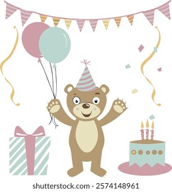 Adorable cartoon bear holding colorful balloons at a fun birthday party celebration.