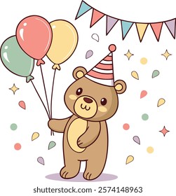 Adorable cartoon bear holding colorful balloons at a fun birthday party celebration.