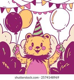 Adorable cartoon bear holding colorful balloons at a fun birthday party celebration.