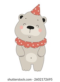 Adorable cartoon bear with a red polka dot collar, smiling with closed eyes on a white background. Vector illustration.