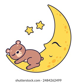 Adorable cartoon bear sleeps on the moon. Vector illustration