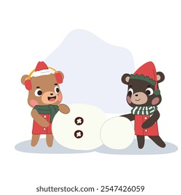 adorable cartoon bears creating snow dolls and enjoying winter fun, snow sculptures, and playful bear activity