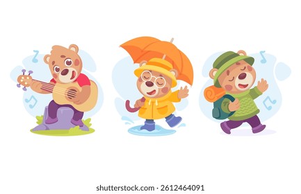 Adorable Cartoon Bears Having Fun and Enjoying Their Time Outdoors in the Sunshine and Nature