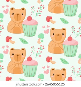 An adorable cartoon bears seamless pattern, sweet, playful, pastel colors, cupcakes, and whimsical forest elements like mushrooms, heart, leaves and wild flowers. For textiles, print, background, art.
