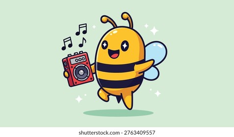 An adorable cartoon bee happily dancing while holding a red radio with musical notes floating around it.