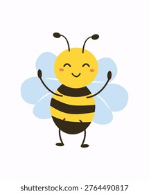 Adorable cartoon bee with raised paws and happy eyes, standing character illustration, kawaii mascot. Funny smiling bee mascot. Spring garden pollinator concept. Flat vector illustration isolated on white background.