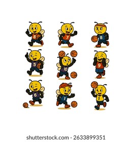 Adorable cartoon bees wearing basketball jerseys dribble and play in this fun seamless pattern. Perfect for children's apparel, sports-themed wallpapers, or educational materials, this whimsical desig