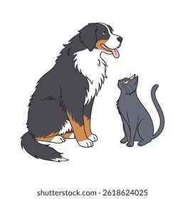 Adorable cartoon Bernese Mountain Dog and gray cat sitting together, looking at each other.