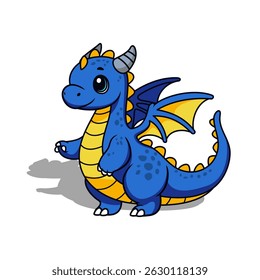 Adorable cartoon blue baby dragon with yellow accents. Perfect for children's books, apparel, and more.