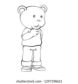 Adorable Cartoon, Boy Bear Standing with thinking. Isolated black and white, Hand drawn cartoon character design. Vector clip art illustration