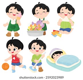 Adorable cartoon boy enjoying daily activities like playing, eating, cleaning, gardening, and sleeping in a cute and cheerful style  