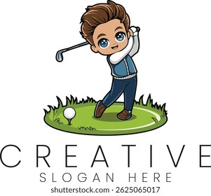 Adorable cartoon boy golfer swinging club on green fairway cute sports illustration character design