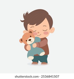 Adorable niño de dibujos animados abrazando al oso de peluche - niño dulce y lindo con juguete favorito, ilustración conmovedora