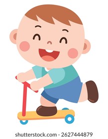 Adorable cartoon boy smiling joyfully while riding a colorful scooter. A fun and energetic moment perfect for children's activity illustrations and playful learning materials.