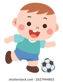 Adorável menino de desenho animado sorrindo e chutando uma bola de futebol. Um momento divertido e enérgico ideal para conteúdo infantil educacional ou com temática esportiva.