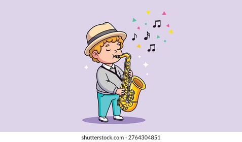 An adorable cartoon boy wearing a hat, playing a golden saxophone with musical notes floating around him, set against a light purple background.