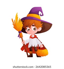 Adorable cartoon boy wearing a wizard costume for Halloween, carrying a broom and a pumpkin candy bucket. Perfect for spooky season celebrations and fun illustrations.