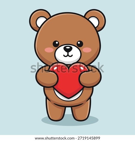 Adorable cartoon brown bear standing upright, holding a red heart, symbolizing love and affection.