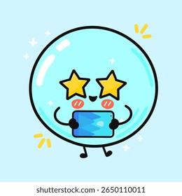 An adorable cartoon bubble character, with star eyes, holding a tablet and smiling, radiating joy and happiness.