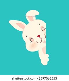 Adorable cartoon bunny with a cheerful expression peeking from the edge on a turquoise background. Playful and friendly design, perfect for kids and festive themes. Flat cartoon vector illustration
