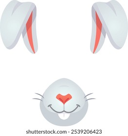 Adorable cartoon bunny face for easter and kids designs, with big smile, long ears, pink nose, isolated on white background. Cheerful mascot adds sweetness to your project.