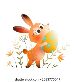 Adorable cartoon bunny holding a colorful Easter egg. Springtime flowers and a rabbit or easter bunny character design for kids. Vector character design for children.