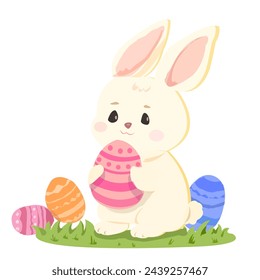 Adorable Cartoon Bunny Holding a Decorated Easter Egg Easter bunny vector clip art (sstkEaster)