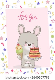 Adorable cartoon bunny holding an ice cream cone and a layered cake surrounded by festive stars and confetti. Perfect for greeting cards, invitations, or birthday decorations.