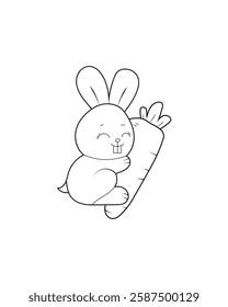 Adorable cartoon bunny hugging a big carrot, perfect for children’s illustrations, coloring pages, and cute animal-themed designs. 