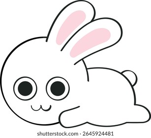 an adorable cartoon bunny lying down with a sweet. Its big round eyes, tiny smile, and pink ears give it a playful and lovable look—like it's waiting for cuddles or a yummy treat!