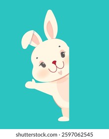 Adorable cartoon bunny peeking out from behind a surface with a cheerful expression. The background is a solid turquoise color. Concept of curiosity and playfulness. Flat cartoon vector illustration