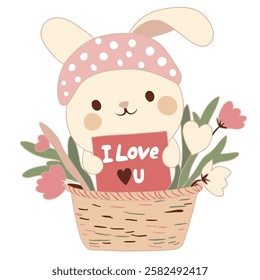 Adorable cartoon bunny in a polka dot cap, holding a red love letter in a basket filled with flowers and hearts.