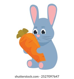 Adorable cartoon bunny rabbit holding a large carrot, looking at the viewer with big, cute eyes